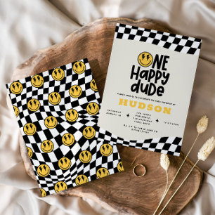 1:a födelsedag leende ansikte retro white groovy inbjudningar