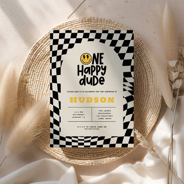 1:a födelsedag leende ansikte retro white groovy inbjudningar (Skapare uppladdad)