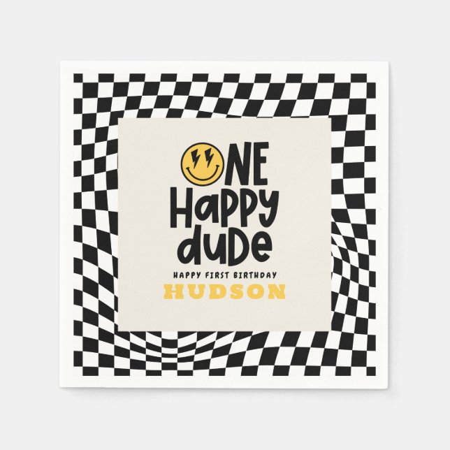 1:a födelsedag leende ansikte retro white groovy pappersservett (Framsidan)