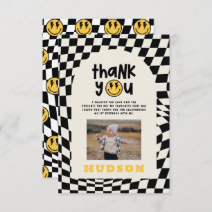 1:a födelsedag leende ansikte retro white groovy tack kort