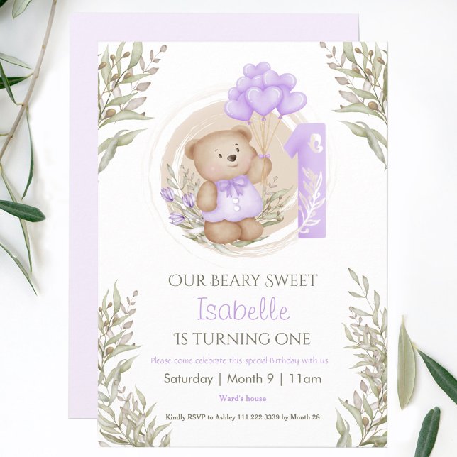 1:a födelsedag Lila  Hjärtballonger i kute Nalle Inbjudningar (1st Birthday Cute Teddy Bear Purple Heart Balloons Invitation)
