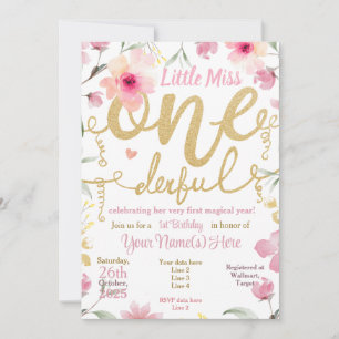 1:a födelsedag, lilla miss ONEunderbar Rosa Blommi Inbjudningar
