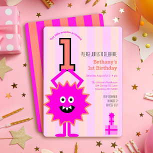 1:a födelsedag, lilla Shock rosa, Roligt Cute Girl Inbjudningar