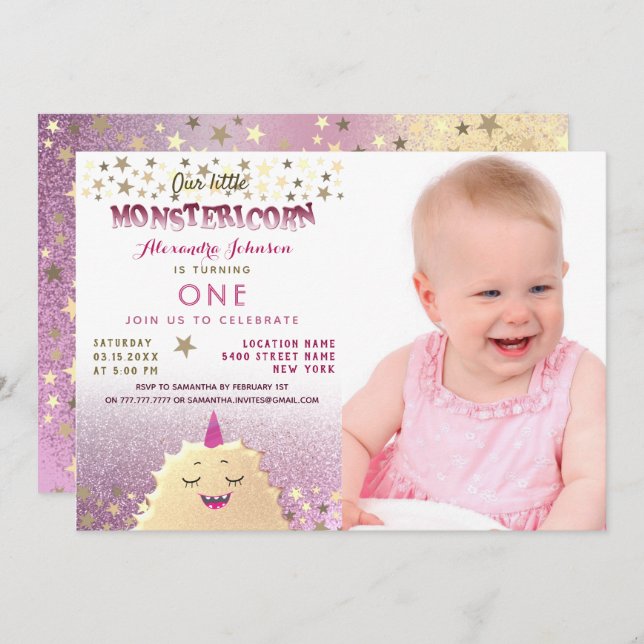 1:a födelsedag - liten bilmonster inbjudningar (Fram/baksida)