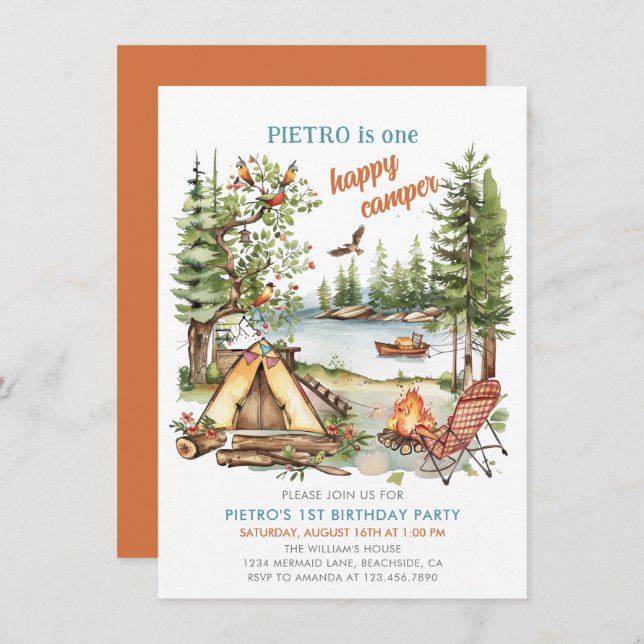 1:a födelsedag med 1 Lycklig Camper Boys Inbjudningar (Fram/baksida)