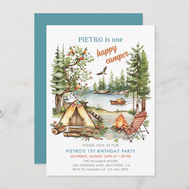 1:a födelsedag med 1 Lycklig Camper Boys Inbjudningar (Fram/baksida)