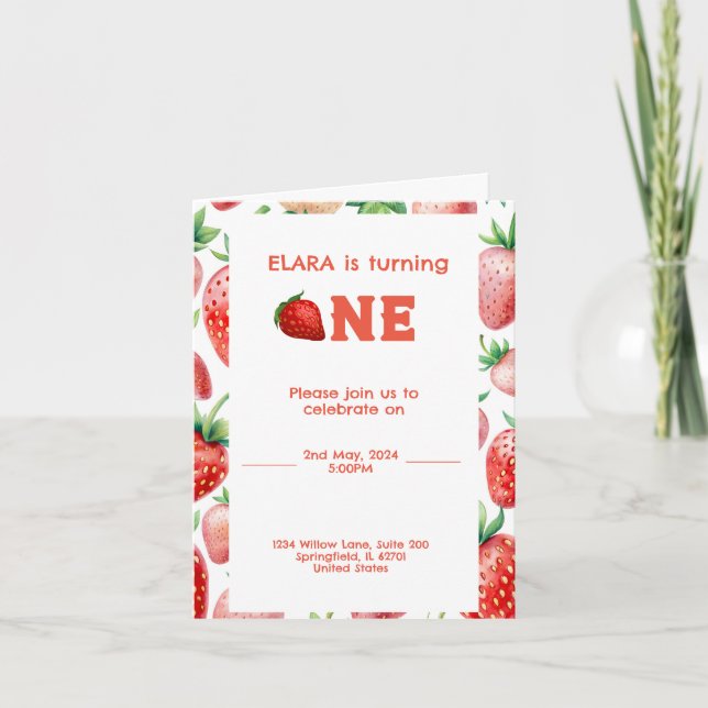 1:a födelsedag med jordgubbsodlingen ram mönster inbjudan (Framsida)