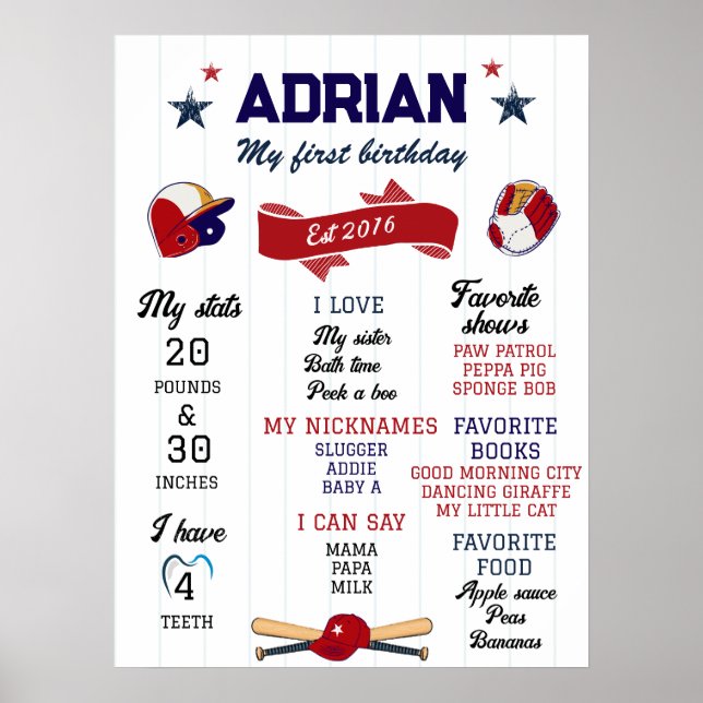 1:a födelsedag - milstolpen Baseball Poster (Framsidan)