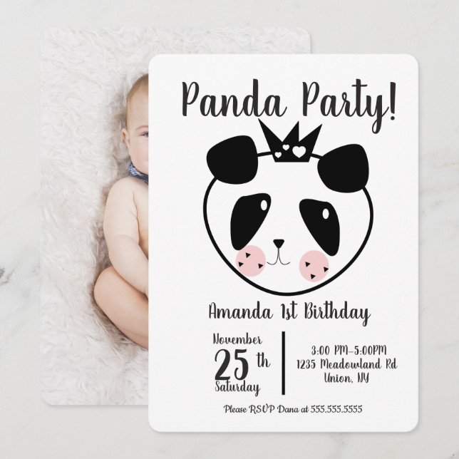1:a födelsedag Modern söt panda Inbjudningar (Fram/baksida)