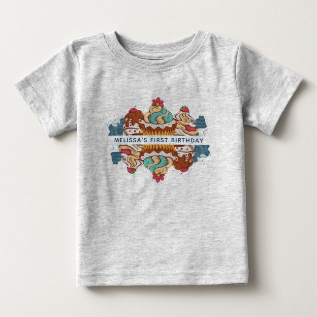 1:a födelsedag Muffinsarna Retro Stil Sweet Desser T Shirt (Framsida)