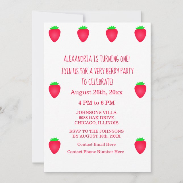 1:a födelsedag Mycket berry Cute Strawberry Party  Inbjudningar (Framsida)
