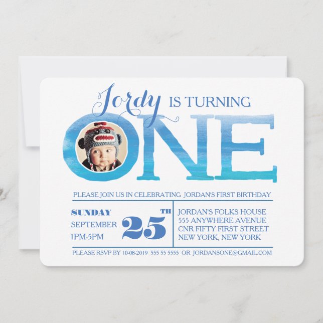 1:a födelsedag Ombre Watercolor 1 fotoinbjudan Inbjudningar (Framsida)