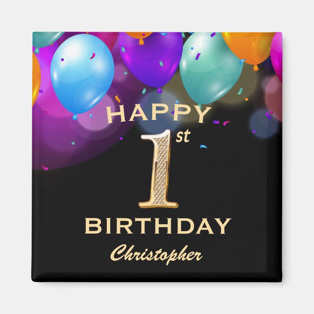 1:a födelsedag Party Black och Guld Magnet (Framsidan)