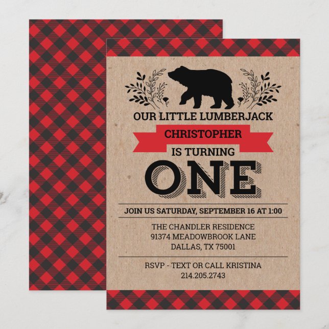 1:a födelsedag Party Buffalo Play Lumberjack Inbjudningar (Fram/baksida)