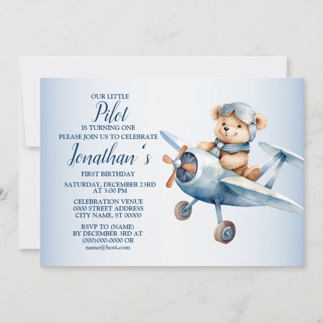 1:a födelsedag Party Cute Blue Bear Pilot Bevalt Inbjudningar (Framsida)