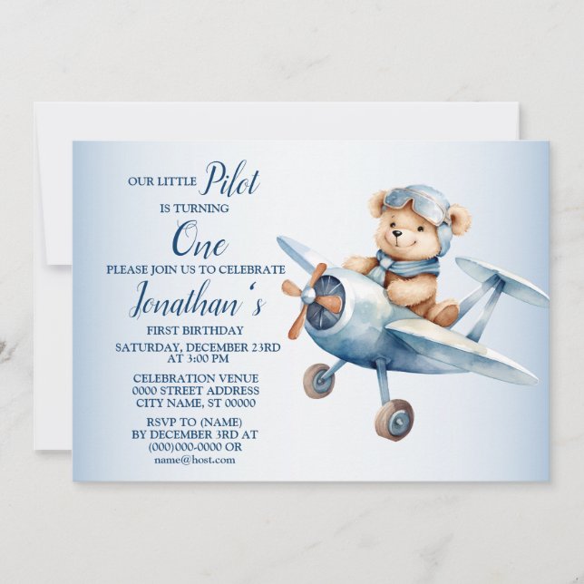 1:a födelsedag Party Cute Blue Bear Pilot Bevalt Inbjudningar (Framsida)