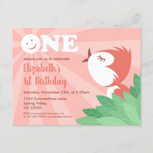 1:a födelsedag Party Cute Chick Bird Girl Postcard Inbjudan Vykort