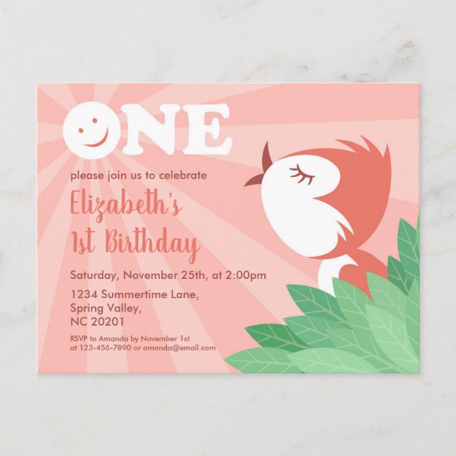 1:a födelsedag Party Cute Chick Bird Girl Postcard Inbjudan Vykort (Framsida)