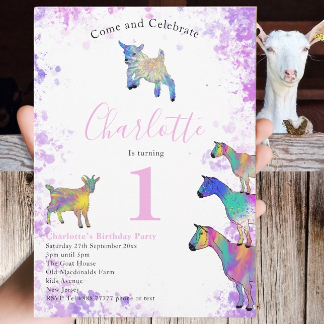 1:a födelsedag Party Cute Goats Farm Animal art Inbjudningar (Cute goats farm animal art watercolor 1st birthday party invitation pink purple blue and green)