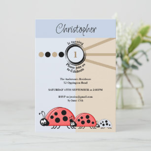 1:a födelsedag party ladybugs blå bruna firande inbjudningar