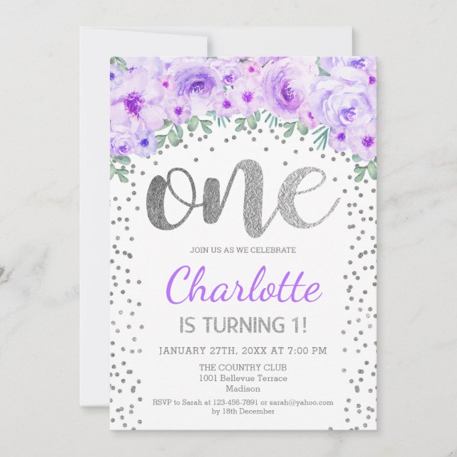 1:a födelsedag Party - Lilan kring Silver, Vita Inbjudningar (Framsida)