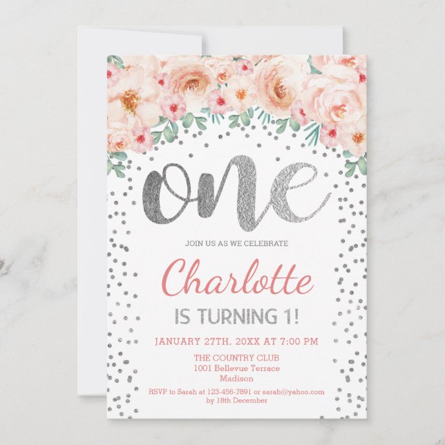 1:a födelsedag Party - Rosan kring Silver, Vita Inbjudningar (Framsida)