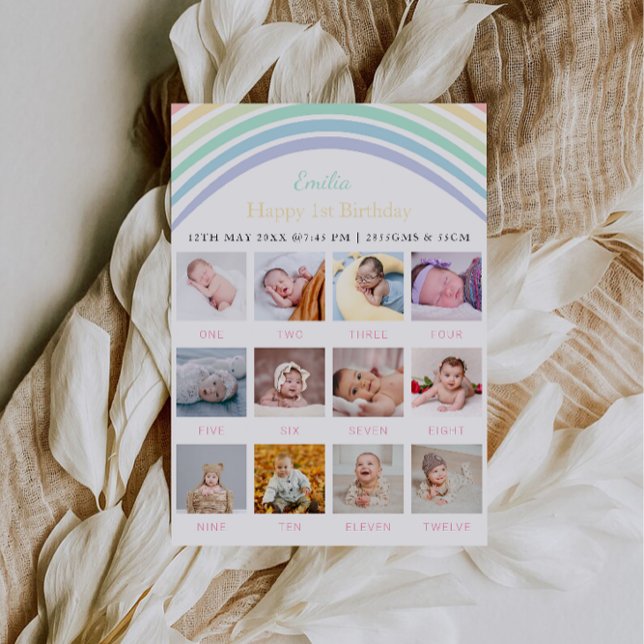 1:a födelsedag: Pastel Rainbow Inbjudningar (1st Birthday Photo Board Pastel Rainbow Invitation)