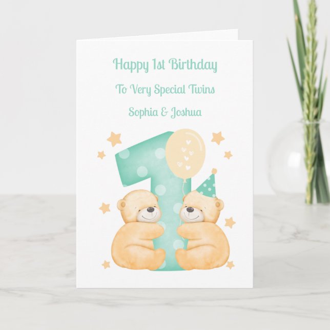 1:a födelsedag Polka Dot Teddies Twin Birthday Car Kort (Framsida)