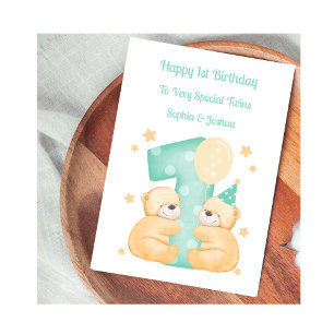 1:a födelsedag Polka Dot Teddies Twin Birthday Car Kort