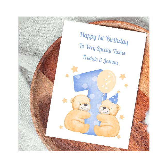 1:a födelsedag: Polka Dot Teddies Twin Boys Card Kort (Skapare uppladdad)