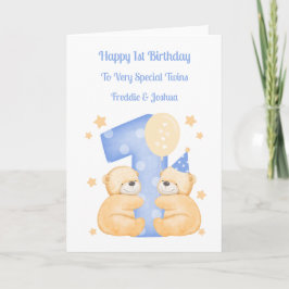 1:a födelsedag: Polka Dot Teddies Twin Boys Card Kort