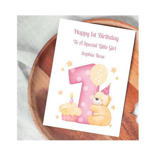 1:a födelsedag Polka Dot Teddy Birthday Girl Card Kort (Skapare uppladdad)