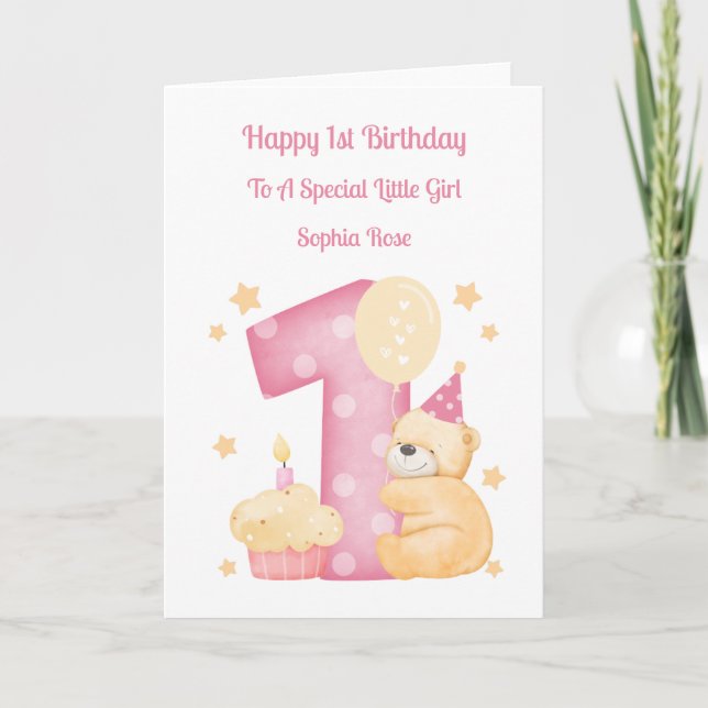 1:a födelsedag Polka Dot Teddy Birthday Girl Card Kort (Framsida)