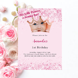 1:a födelsedag, Princess-foto krona rosa Inbjudningar