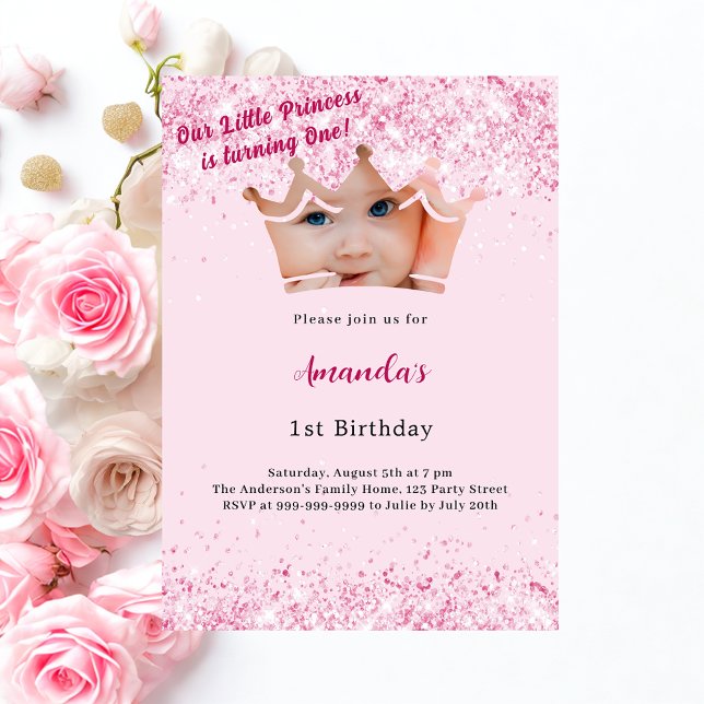 1:a födelsedag, Princess-foto krona rosa Inbjudningar (Skapare uppladdad)