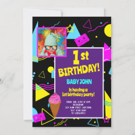 1:a födelsedag Retro Colorful Kids Party Firande Inbjudningar