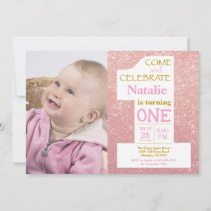 1:a födelsedag Ro Guld Glitter och Rosa foto Inbjudningar