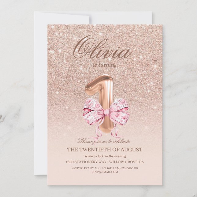 1:a födelsedag Ro Rosa Guld Bow Födelsedagsfest Inbjudningar (Framsida)