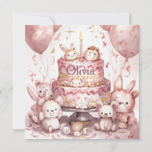 1:a födelsedag Rosa Cute Animals Girl Namn Kort