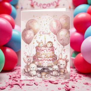 1:a födelsedag Rosa Cute Animals Girl Namn Kort
