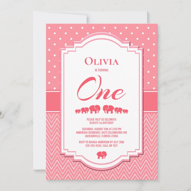 1:a födelsedag Rosa Elephants Party Inbjudningar (Framsida)