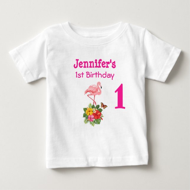 1:a födelsedag Rosa Flamingo & Tropical Hibiscus T Shirt (Framsida)