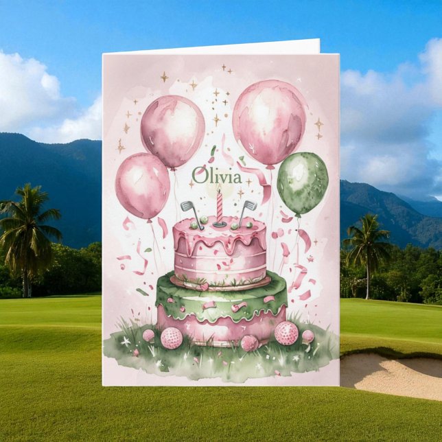 1:a födelsedag Rosa Grönt Cute Golfer Girl Namn Kort (Skapare uppladdad)