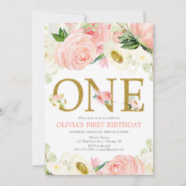 1:a födelsedag,  rosa guld blommigt elegant inbjudningar