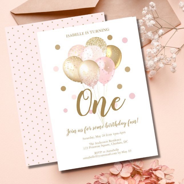 1:a födelsedag Rosa Guld Glitter-ballonger Party Inbjudningar (Skapare uppladdad)