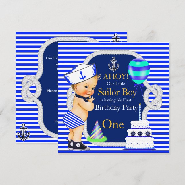 1:a födelsedag Sailor Boy Navy Blue Rand Blonde Inbjudningar (Fram/baksida)