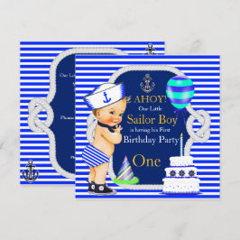 1:a födelsedag Sailor Boy Navy Blue Rand Blonde Inbjudningar