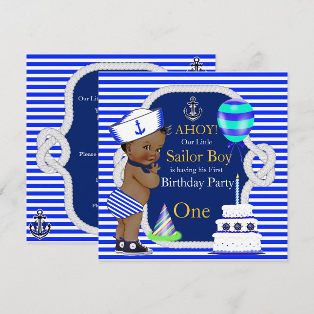 1:a födelsedag Sailor Boy Navy Blue Rand Ethnic Inbjudningar (Fram/baksida)