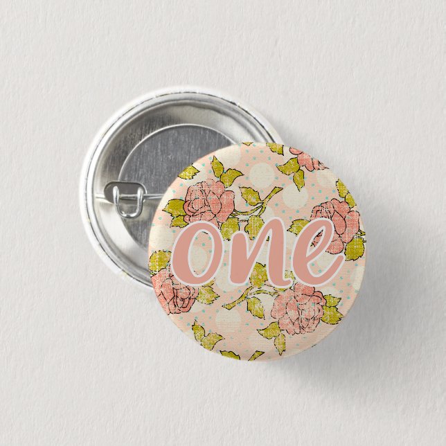 1:a födelsedag Shabby chic Ro Blommigt Baby Knapp (Framsida & baksida)