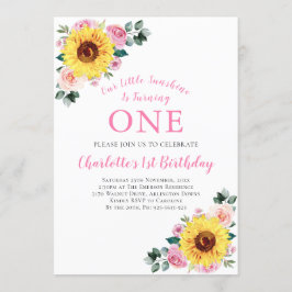 1:a födelsedag Solrosans Rosa Blommigt en Inbjudningar